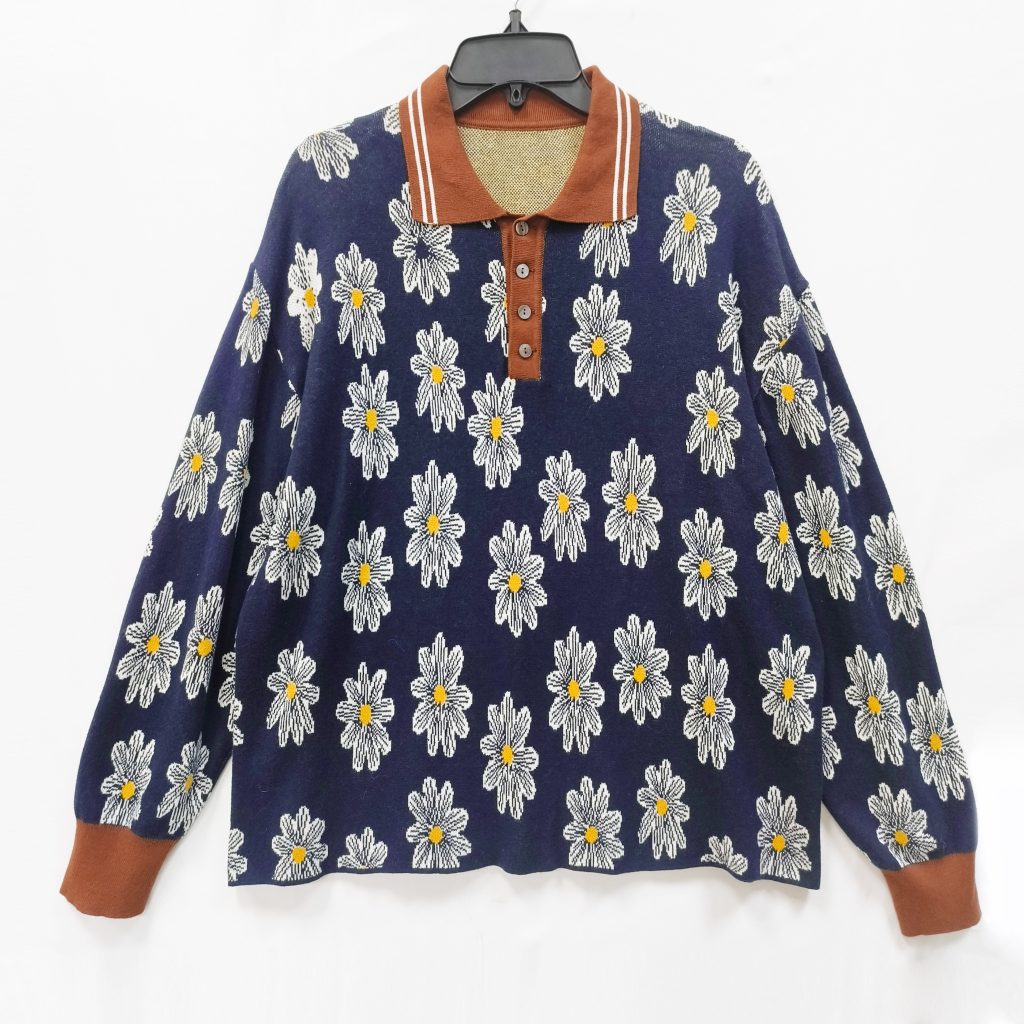 Lapel floral jacquard knitted pullover